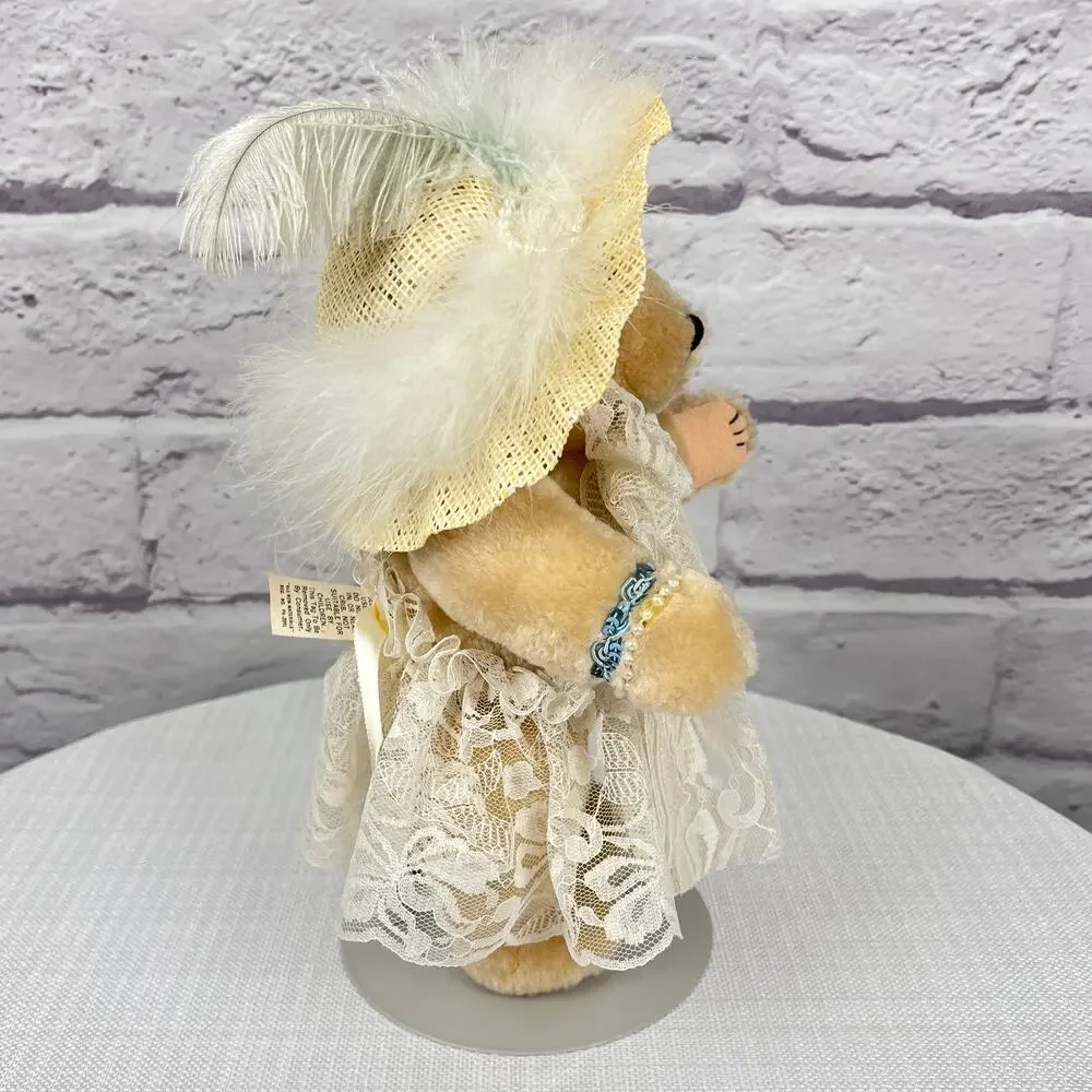 Country Cozy's Born to Shop Vintage 90s Jointed Bear Lace Dress Feather Hat 12